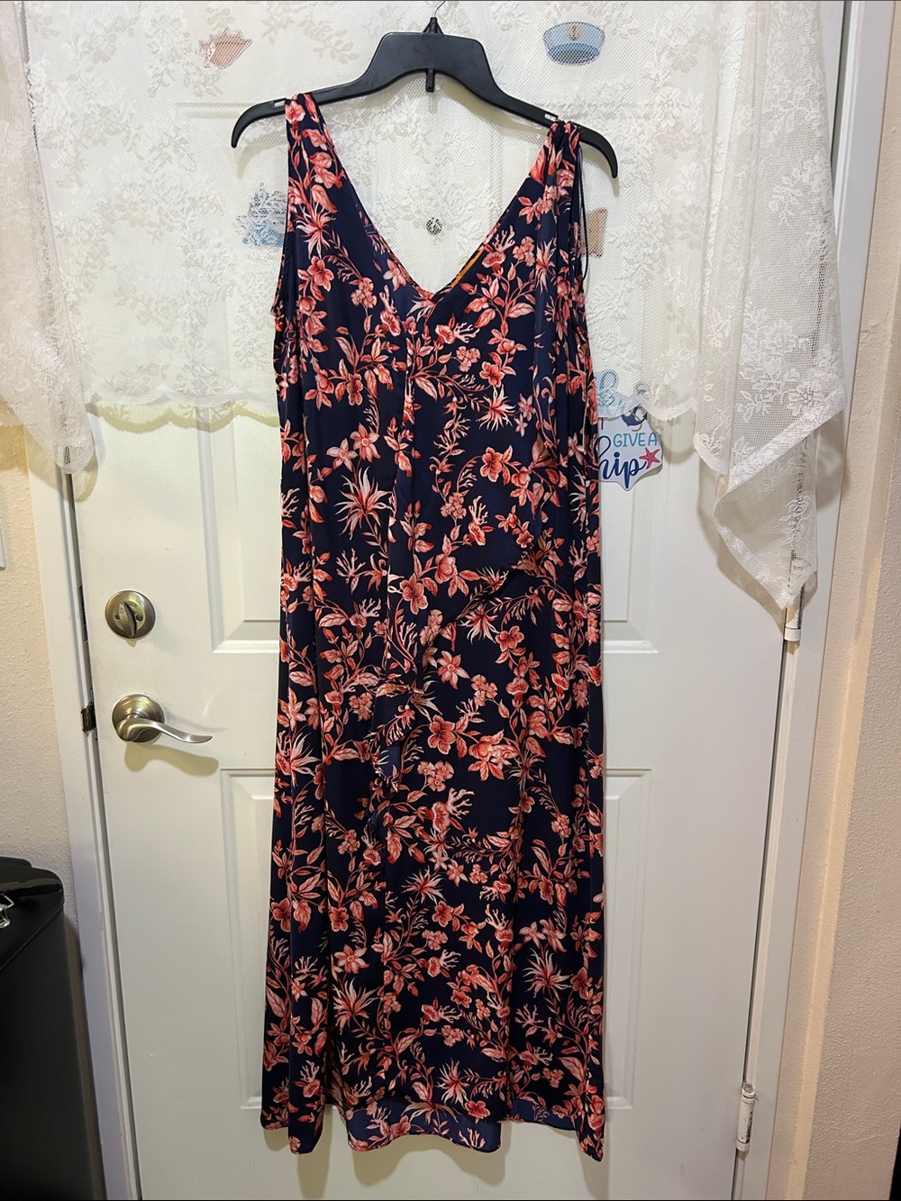 Navy Floral V-Neck Maxi Dress with Coral Print